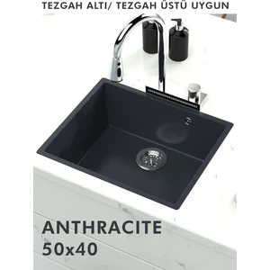 Hena Surface Granit Eviye Tek Gözlü Antrasit 50  x  40 Evye Kuvars Tezgah Altına Uygun