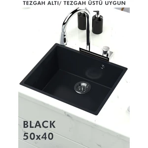 Hena Surface Granit Eviye Tek Gözlü Siyah 50  x  40 Evye Kuvars Tezgah Altına Uygun