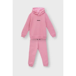 Kapüşonlu   Nakış Baskılı Basic Pudra Çocuk Eşofman Takımı