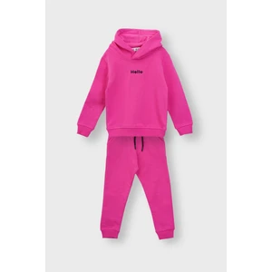 Kapüşonlu Hello Nakış Baskılı Basic Pembe Çocuk Eşofman Takımı