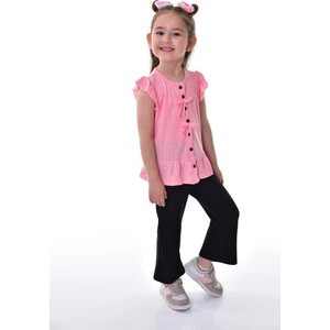 Fırfır Kollu Düğmeli Fiyonk Detaylı Kız Çocuk Alt-Üst Takım