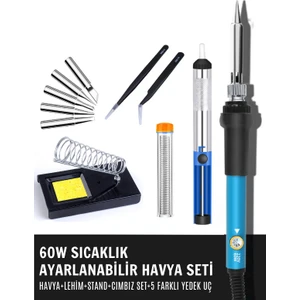 ST-60 60W Sıcaklık Ayarlanabilir Havya,Havya Standı,Lehim Pompası,Lehim Tüpü,Cımbız Set,Yedek Uç
