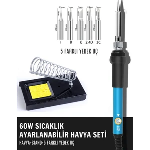 ST-60W 60W Sıcaklık Ayarlanabilir Havya , Havya Standı Ve 5 Farklı Yedek Uç