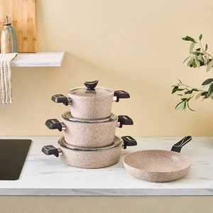 Biogranit Lungo 7 Parça Derin Tencere Seti Granit Kaplama Kahverengi 26 cm