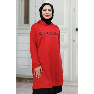 Good Baskı Kapüşonlu Tunik 1284 - Kırmızı