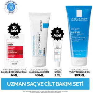 La Roche-Posay Uzman Saç ve Cilt Bakım Seti: Cicaplast Onarıcı Bakım Kremi& Lipikar Vücut Temizleme Jeli& Hyalu B5 Serum& Dercos Şampuan