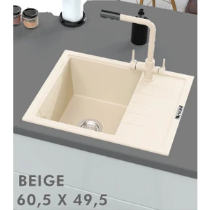 Hena Surface Granit Eviye 1 Gözlü Damlalıklı Bej 60 x 50 Granit Evye Kuvars
