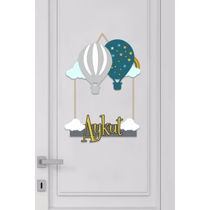 Isme Özel Bebek Odası Ahşap Kapı Süsü Balon ( Gri & Koyu Yeşil )