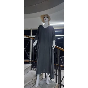 Italyan V Yaka Uzun Kol Keten Elbise