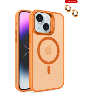 iPhone 15 Plus Lensli Pencere Standlı Lens Magsafe Kapak - Turuncu
