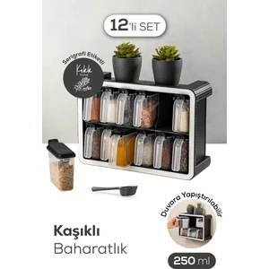Beyaz Serigrafi Etiketli 12li 250 ml Standlı Kendinden Yapışkanlı Kaşıklı Baharatlık Seti Siyah