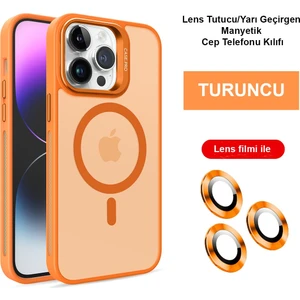  iPhone 13 Pro Max Lensli Pencere Standlı Lens Magsafe Kapak - Turuncu
