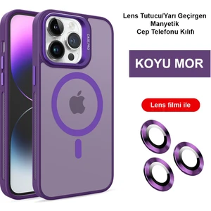  iPhone 14 Pro Max Kılıf Lensli Pencere Standlı Lens Magsafe Kapak - Derin Mor