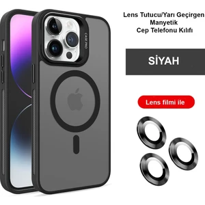  iPhone 14 Pro Max Kılıf Lensli Pencere Standlı Lens Magsafe Kapak - Siyah
