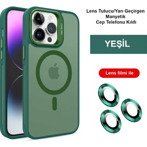  iPhone 15 Pro Kılıf Lensli Pencere Standlı Lens Magsafe Kapak - Koyu Yeşil