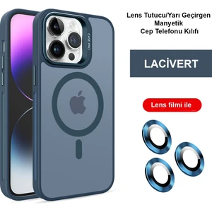  iPhone 15 Pro Max Kılıf Lensli Pencere Standlı Lens Magsafe Kapak - Lacivert