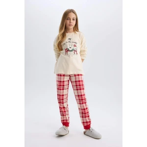 Kız Çocuk Yılbaşı Temalı Pijama Takımı Bisiklet Yaka Uzun Kollu Üst Beli Lastikli Alt D8790A824AU