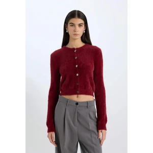 Regular Fit Bisiklet Yaka Düğmeli Triko Bordo Hırka E2428AX24WN