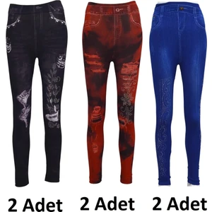 6 Adet Kot Görünümlü Desenli Renkli Kadın Tayt (NO13,NO19,NO25)