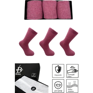 bd bedel Pembe Uzun Kadın Kutulu 3'lü Yünlü Kışlık Soket Çorap