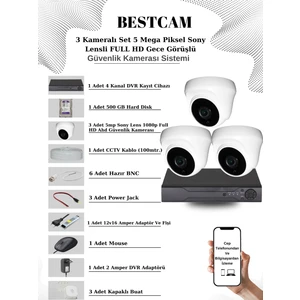 3 Kameralı Set 5 Mega Piksel Sony Lensli Full Hd Gece Görüşlü Güvenlik Dome Kamera Seti 500 GB Hard Disk