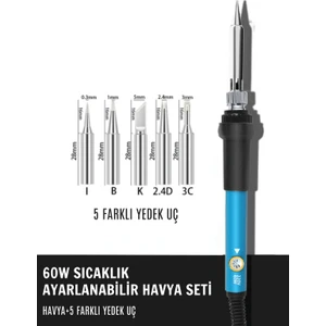 ST-60 60W Isı Ayarlı Sıcaklık Ayarlanabilir Kalem Havya Lehim Makinesi Ve 5 Farklı Yedek Uç