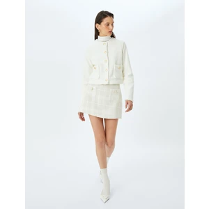 Yuvarlak Yaka Gold Düğme Detaylı Cepli Peluş Hırka