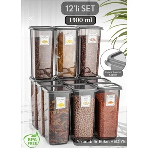 Liya 12'li Jumbo Boy Etiketli Kapaklı Kare Erzak Saklama Kabı Antrasit 12 x 1.90 Lt Bakliyat Kabı