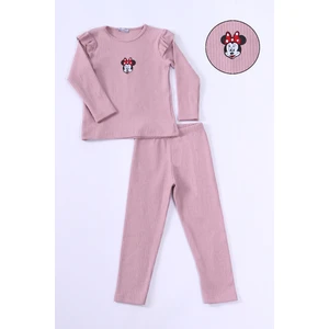 Kız Çocuk Triko Takım Minnie Mouse Nakışlı Kolları Fırfırlı E25