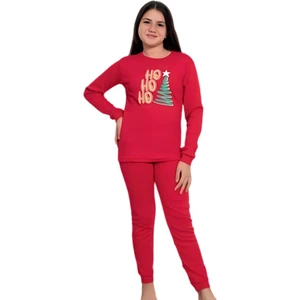 Baskılı Pamuk Kız Çocuk Yeni Yıl Pijama Takımı (Ho Ho Ho)