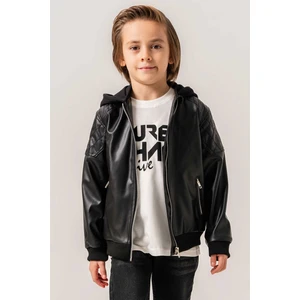 Gold Class Kidswear Kapüşonlu Cepli Fermuarlı Erkek Çocuk Deri Ceket