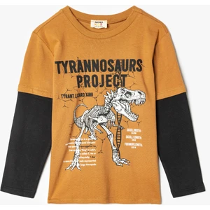 T-Shirt Dinozor Baskılı Uzun Kollu Bisiklet Yaka Pamuklu