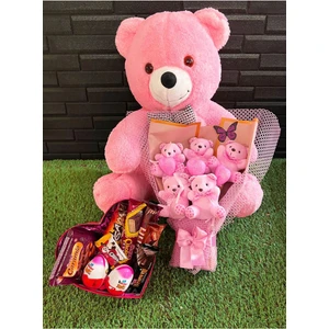 Sevgiliye Hediye Ayıcık Buketi Çikolata Kutusu ve 55 Cm Pembe Ayıcık