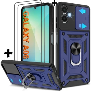M.TK Moveteck Samsung Galaxy A06 Kılıf Kamera Korumalı Sürgülü Yüzüklü Armor Military Zırh Tank Kapak + 1 Adet 9h Ekran Koruyucu Cam 1 Adet Kılıf Set