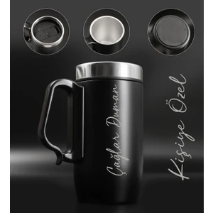 Kişiye  çift katmanlı 280ml mat siyah kulplu paslanmaz çelik termos bardak mug kupa çay kahve