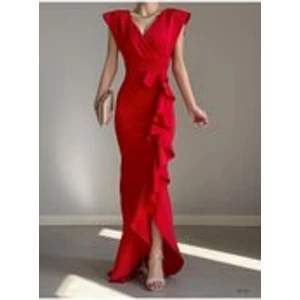 Kadın Siyah Scuba Dalgıç Kumaş Kruvaze Yaka Eteği Volanlı Abiye Mezuniyet Nikah Elbisesi