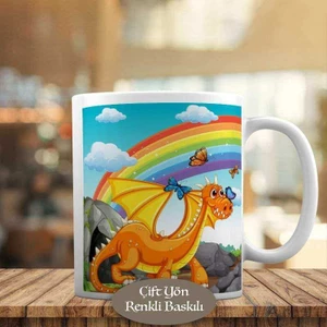 Gökkuşağı ve Mutlu Dinazor Baskılı Kupa Bardak HEDIYELIK-10479