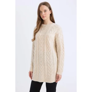 Regular Fit Bisiklet Yaka Saç Örgü Desenli Triko Kazak Tunik B4284AX24WN