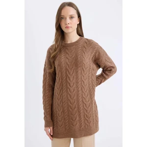 Regular Fit Bisiklet Yaka Saç Örgü Desenli Triko Kazak Tunik B4284AX24WN