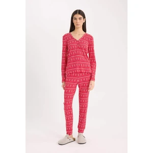Pijama Takımı Waffle Kumaş Uzun Kollu Üst Beli Lastikli Uzun Alt-Fall in Love D2284AX24WN