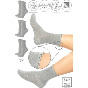 Bambu Kadın Lastiksiz Gri Fırfırlı Soket Dikişsiz Çorap 3'lü Paket / Iz Bırakmaz / Sıkmayan Çorap