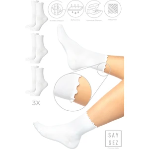 Bambu Kadın Lastiksiz Beyaz Fırfırlı Soket Dikişsiz Çorap 3'lü Paket / Iz Bırakmaz / Sıkmayan Çorap