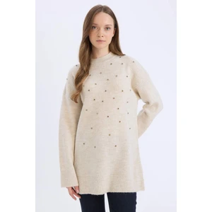 Relax Fit Bisiklet Yaka Taşlı Triko Kazak Tunik