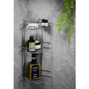 Paslanmaz Duvara Yapışkanlı 3 Katlı Banyo Köşeliği Şampuanlık Banyo Düzenleyici Rafı Krom Ek-03