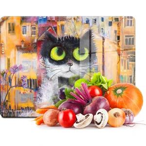 Cam Kesme Tahtası ve Sunum Tablası Renkli Kedi Desenli