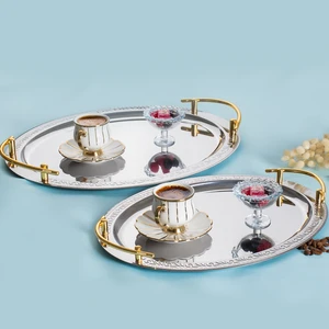 Elit Premium 2'li Paslanmaz Çelik Kahve Tepsisi Gümüş Tepsi Gold Detaylı Dekoratif Servis Sunum Tepsisi