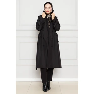 Cepkenli Kemerli Trençkot-Siyah