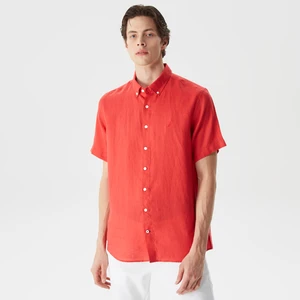 Erkek Turuncu Classic Fit Kısa Kollu Keten Gömlek