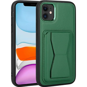 Apple iPhone 11 Kılıf Kartlıklı Standlı ​pu Deri Memo Kapak-Koyu Yeşil
