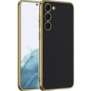 Galaxy S23 Plus Kılıf Deri Görünümlü Kenarları Elektroplating Kaplama Fizyon Kapak-Siyah
